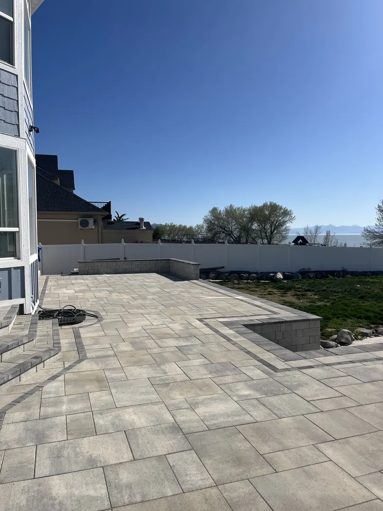 Contemporary interlocking paver patio with clean lines and balanced color blend